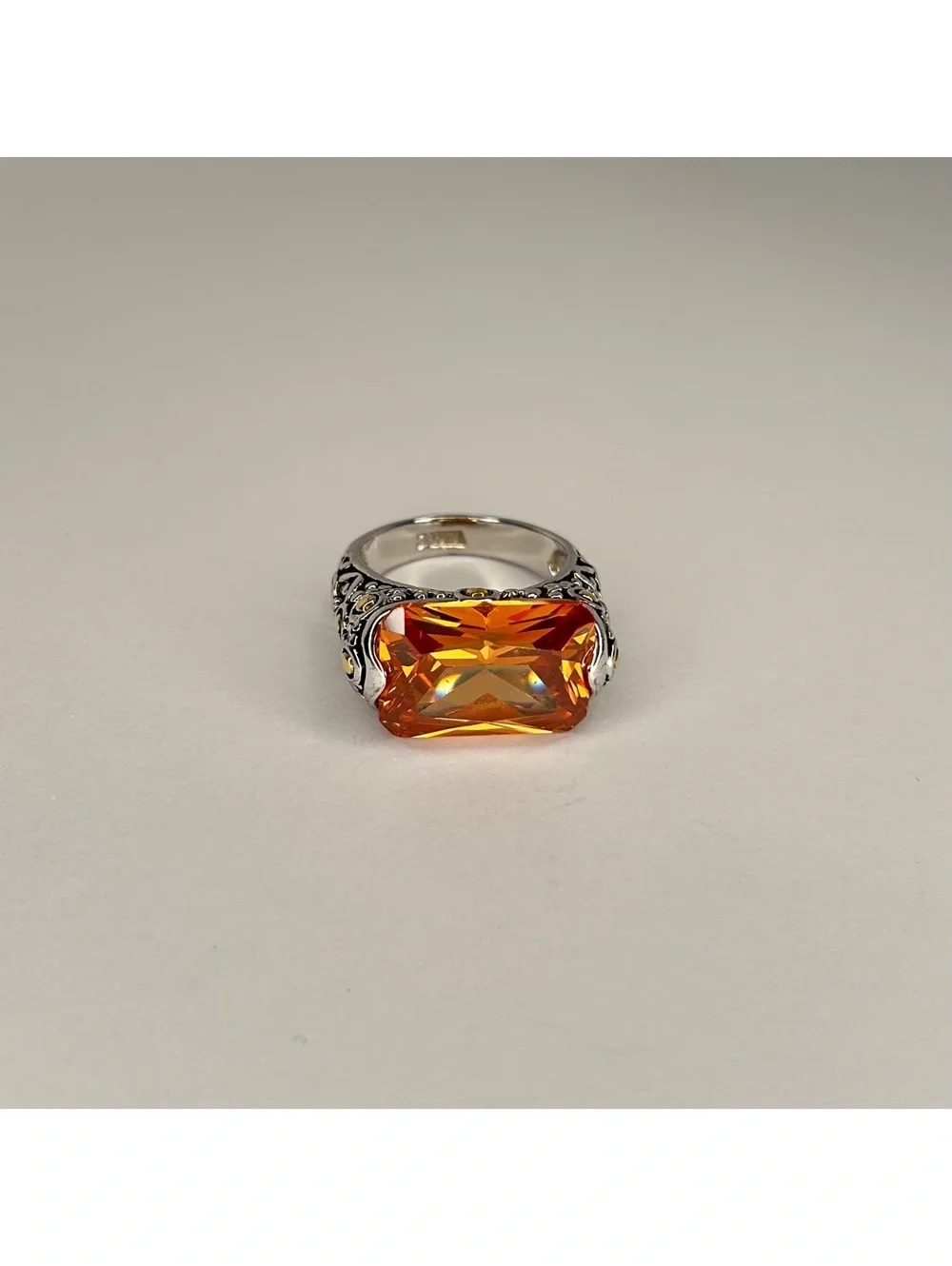 Vintage Style Silver Tone Citrine Topaz CZ and 18K GE Statement Ring - Size 9.25